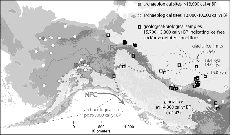 Northwest North America with archeological sites older than 10,000 years ago.